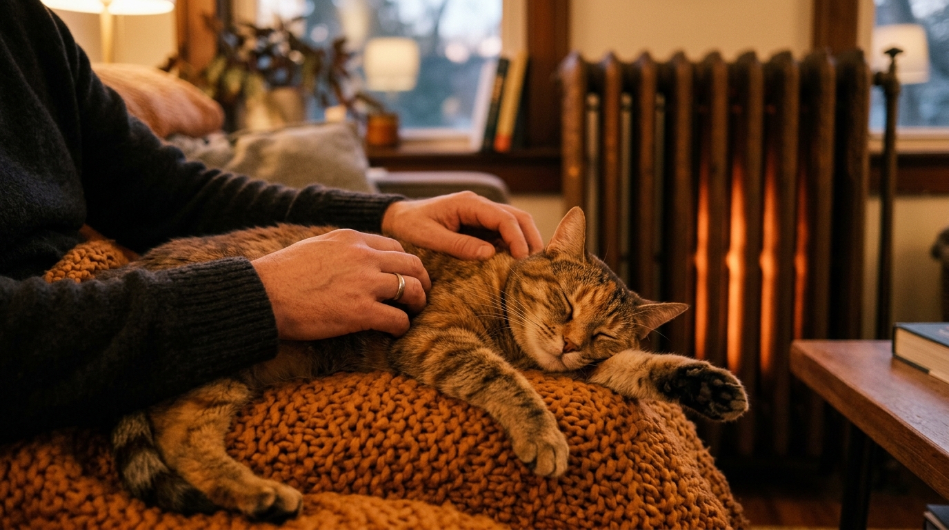 Mains caressant un chat détendu sur un plaid chaud