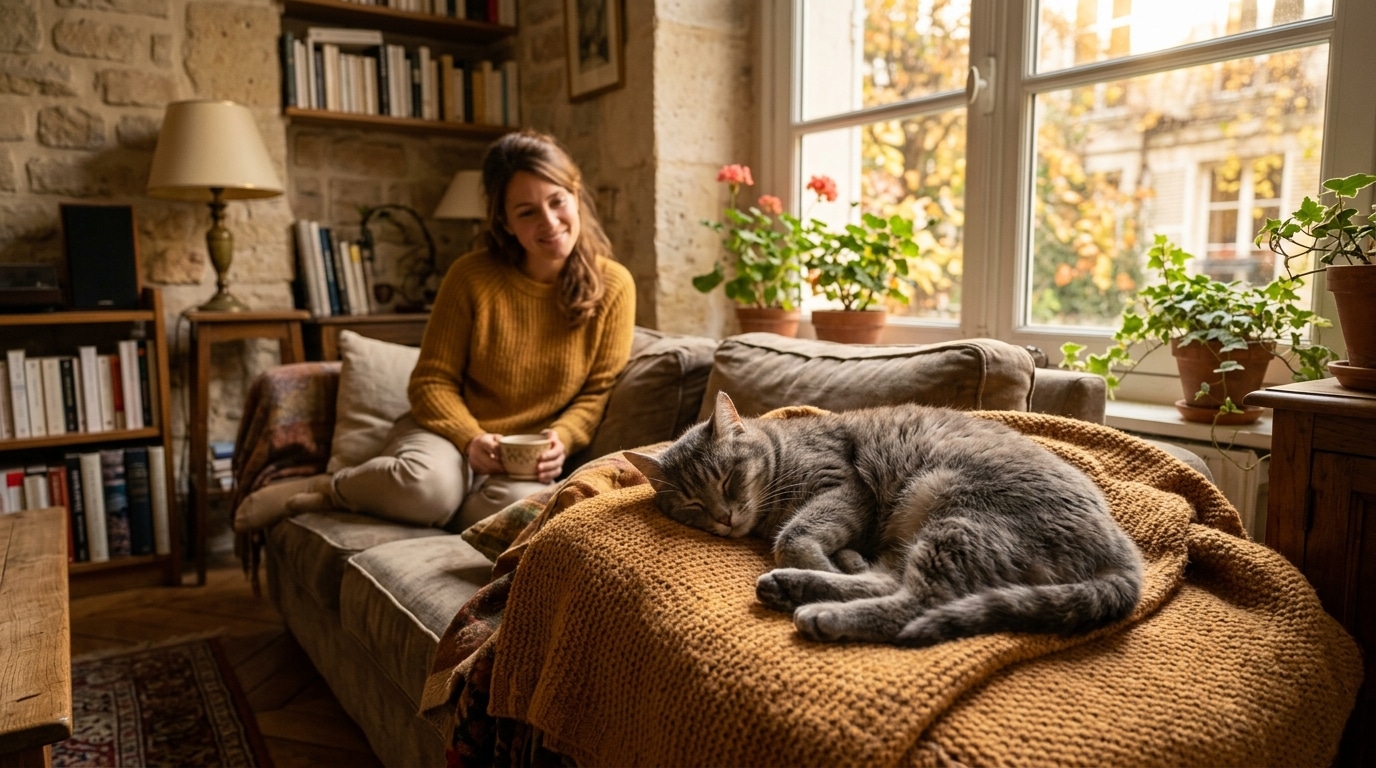 Chat endormi sur un canapé en lumière dorée d'automne