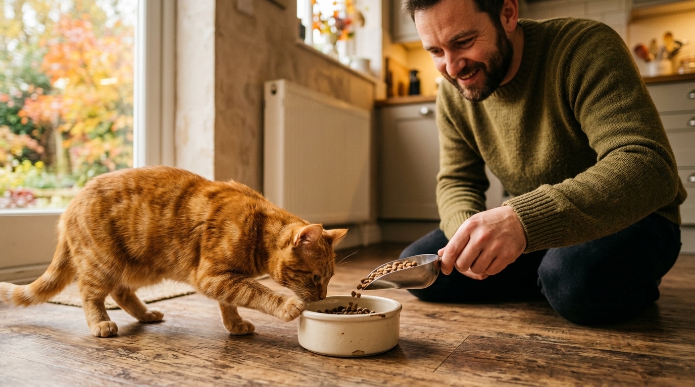 Chat réclamant à manger devant sa gamelle vide