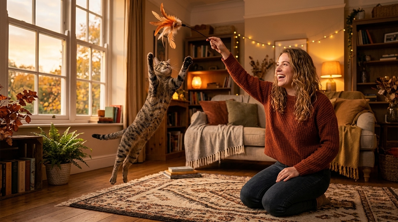 Femme jouant avec son chat au crépuscule en intérieur