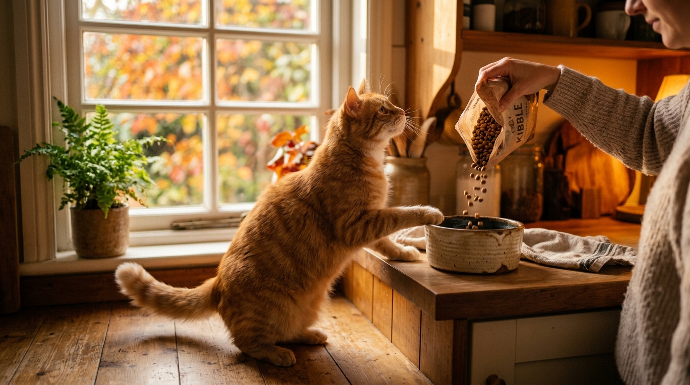 Chat réclamant sa gamelle de nourriture à son propriétaire