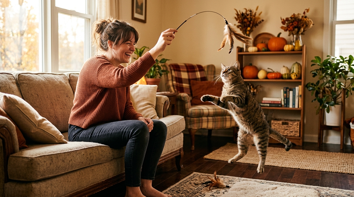 Personne jouant avec son chat pour stimuler son activité