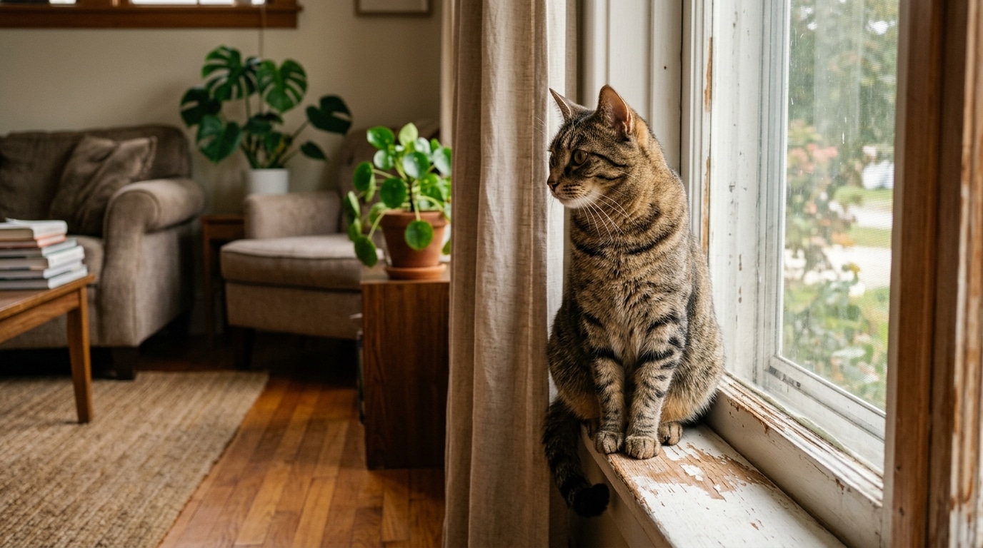 Chat assis en alerte sur un rebord de fenêtre lumineux