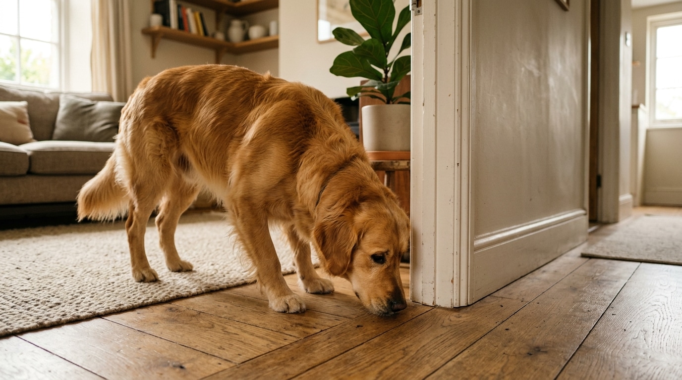Chien reniflant le sol près d'une porte
