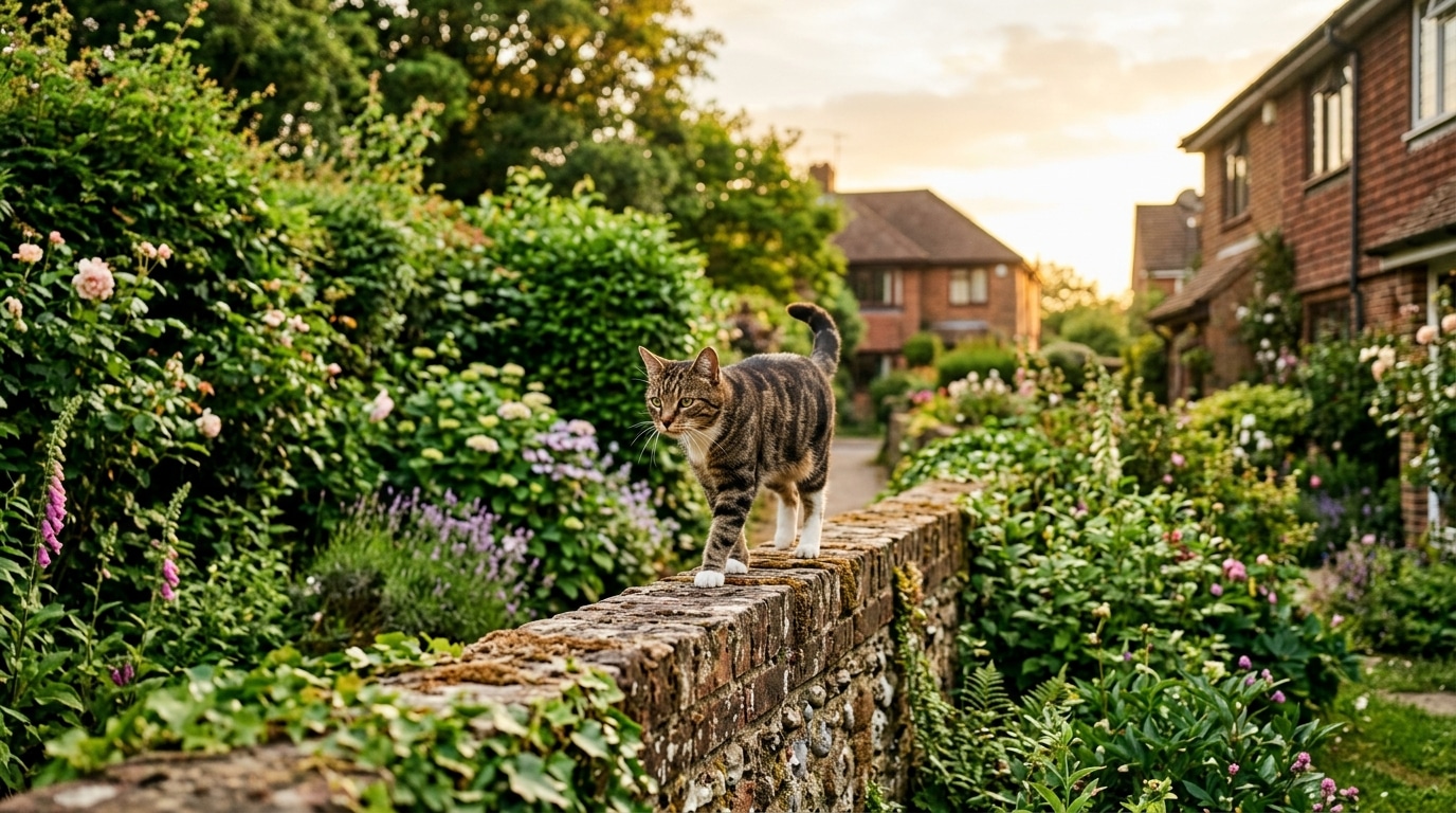 Chat gris marchant sur un muret entre deux jardins