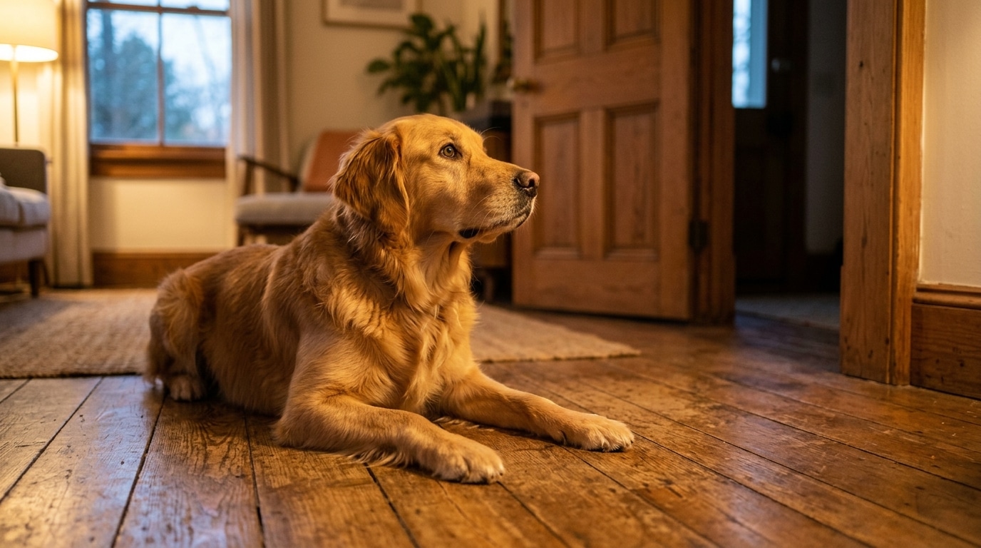 Chien allongé les yeux ouverts fixant une porte