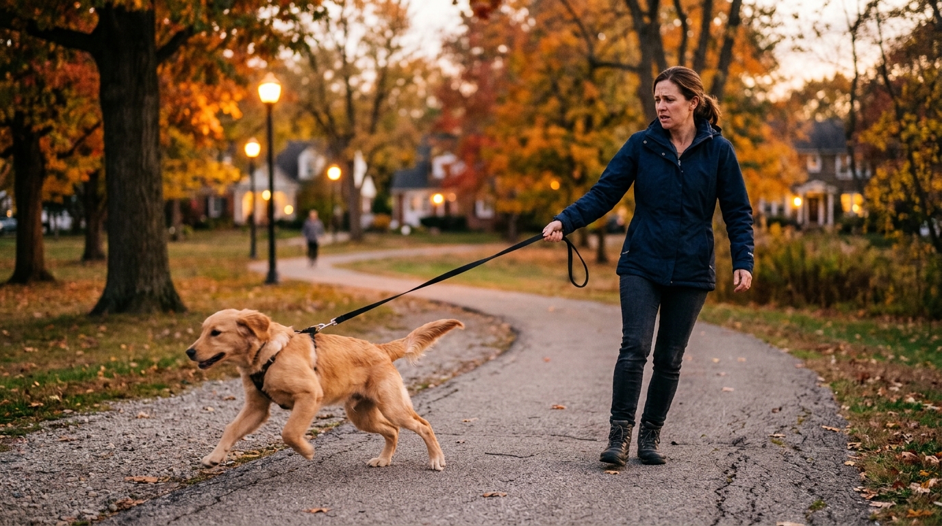 Femme promenant son chien tendu en laisse au crépuscule