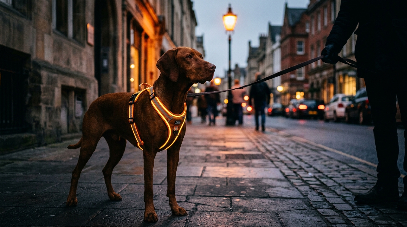 Chien portant un harnais réfléchissant lumineux le soir