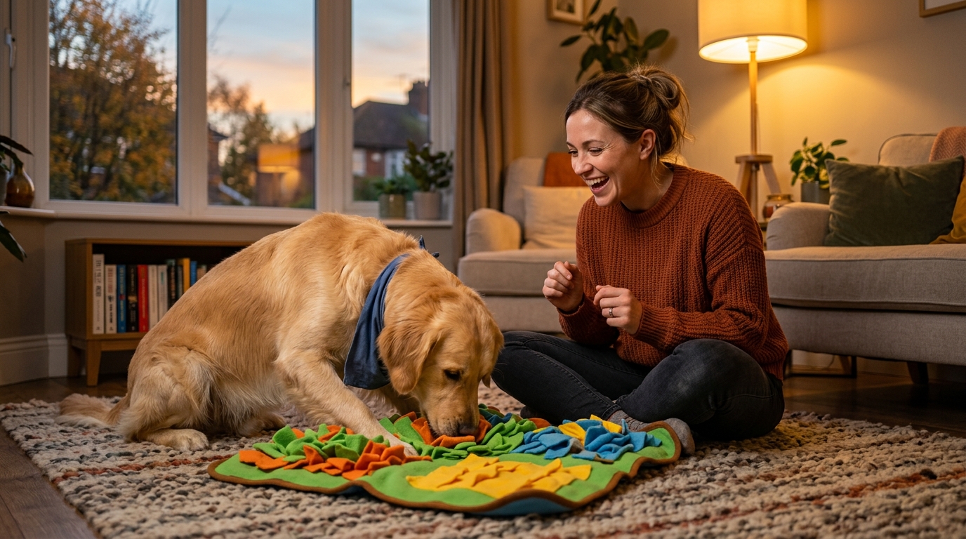 Propriétaire jouant avec son chien à un jeu d'intérieur