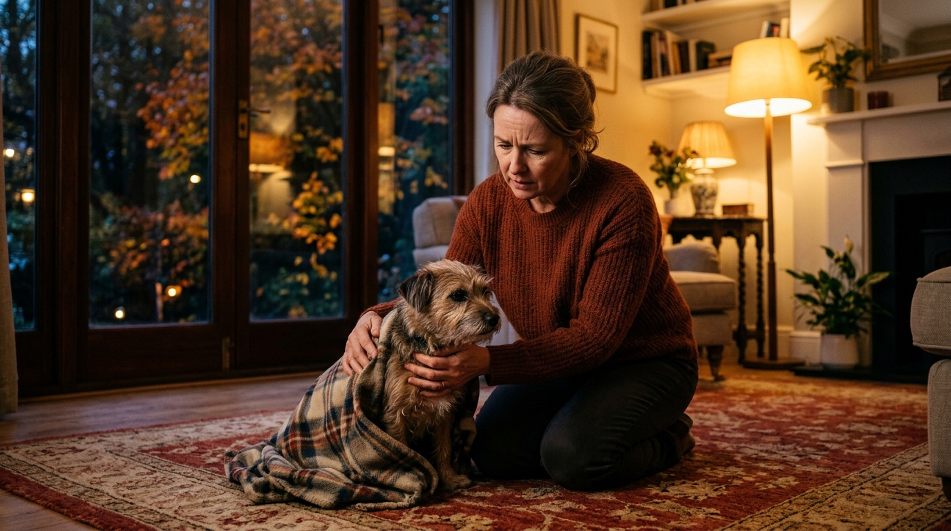 Femme inquiète auprès de son chien qui tremble le soir
