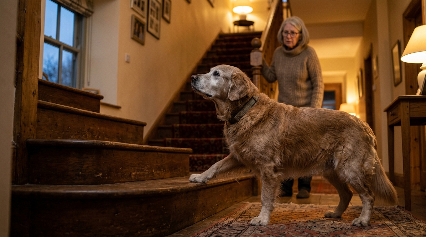 Vieux chien hésitant devant un escalier au crépuscule