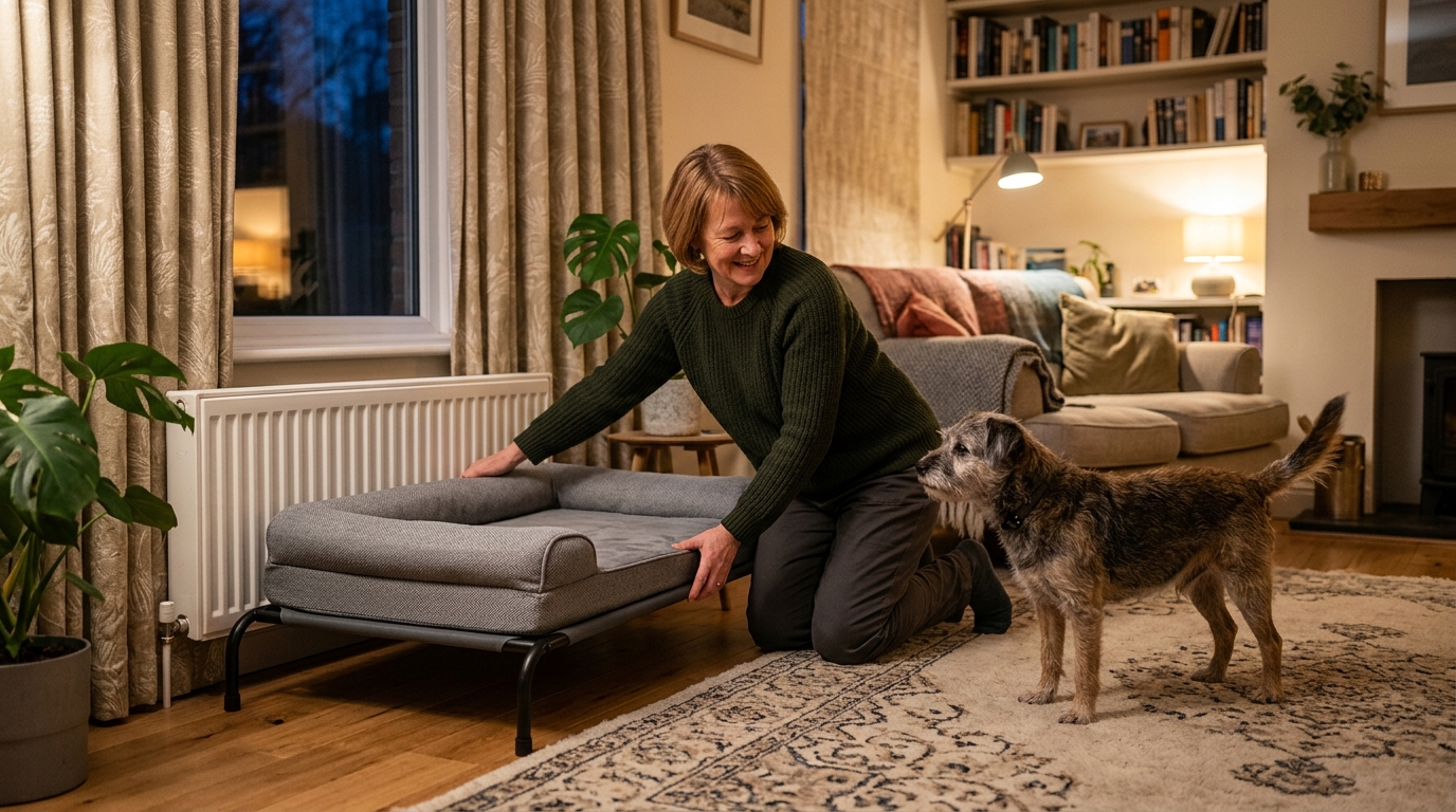 Propriétaire installant un couchage surélevé pour son chien