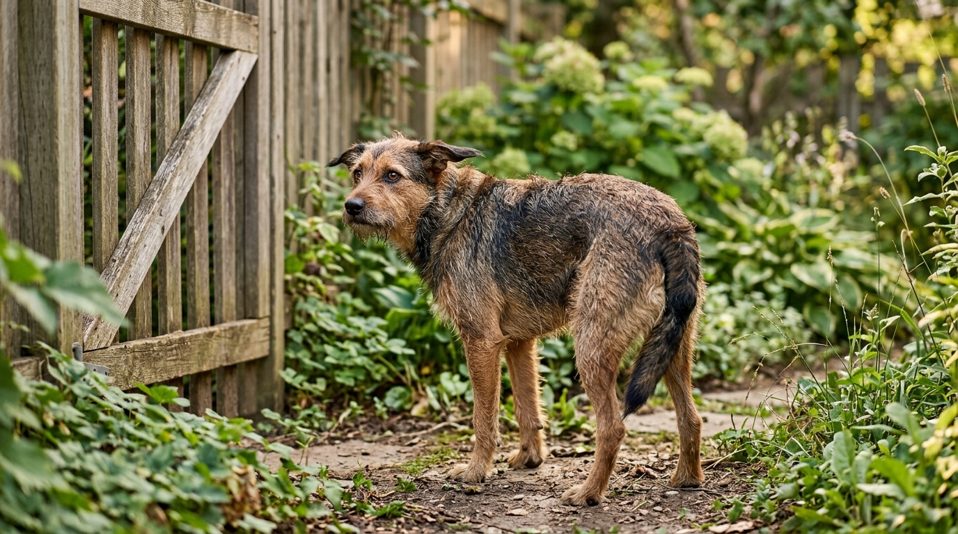 Chien apeuré figé devant une clôture de jardin