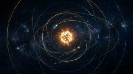 Structure d'un atome avec noyau lumineux et vide environnant
