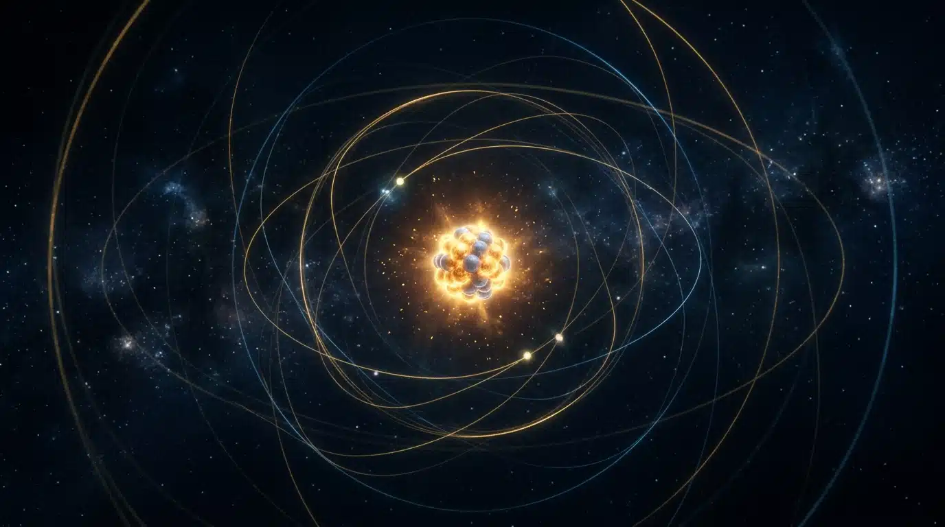 Structure d'un atome avec noyau lumineux et vide environnant
