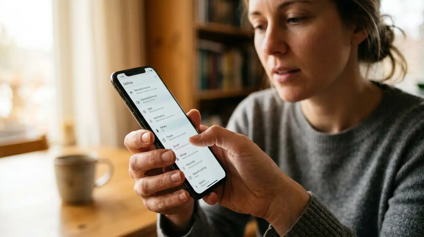 Main tenant un smartphone devant un écran de réglages