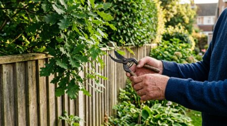 Mains tenant un sécateur près de branches qui dépassent