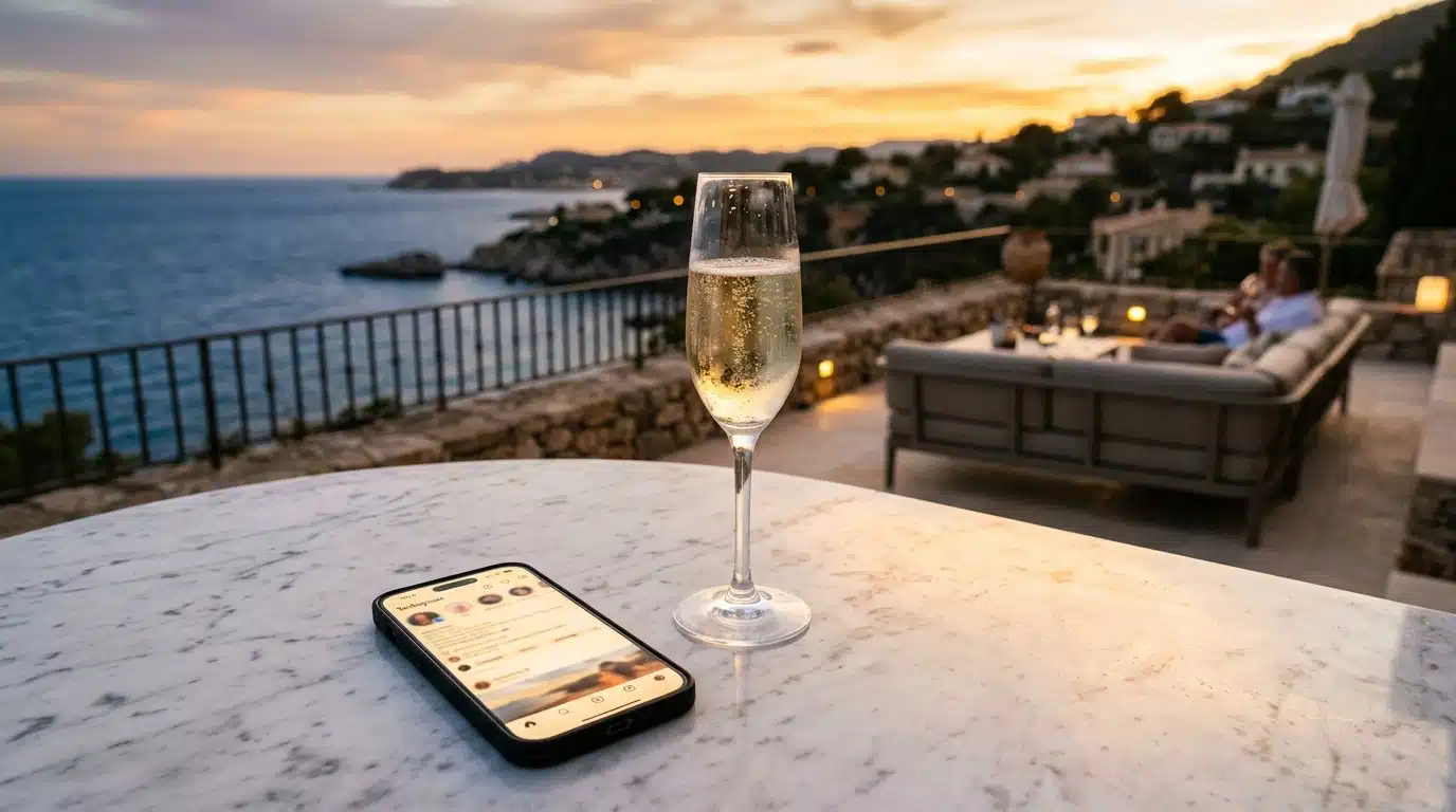 Smartphone et champagne sur terrasse face à la mer
