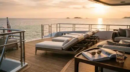 Yacht de luxe avec lunettes de soleil de designer sur le pont
