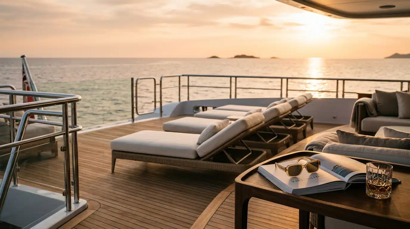 Yacht de luxe avec lunettes de soleil de designer sur le pont