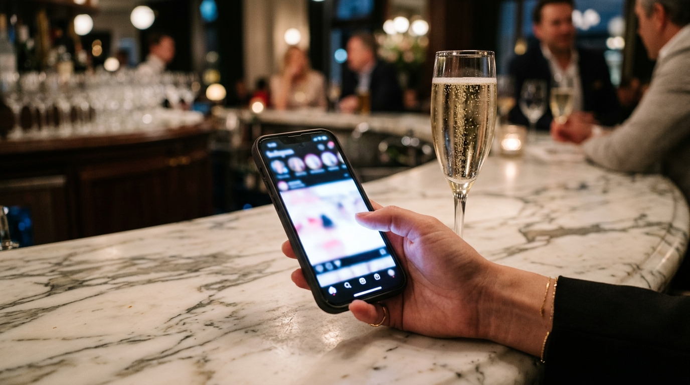 Smartphone et coupe de champagne sur table en marbre