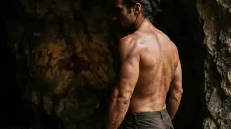 Torse musclé masculin éclairé avec silhouette de grotte ancienne
