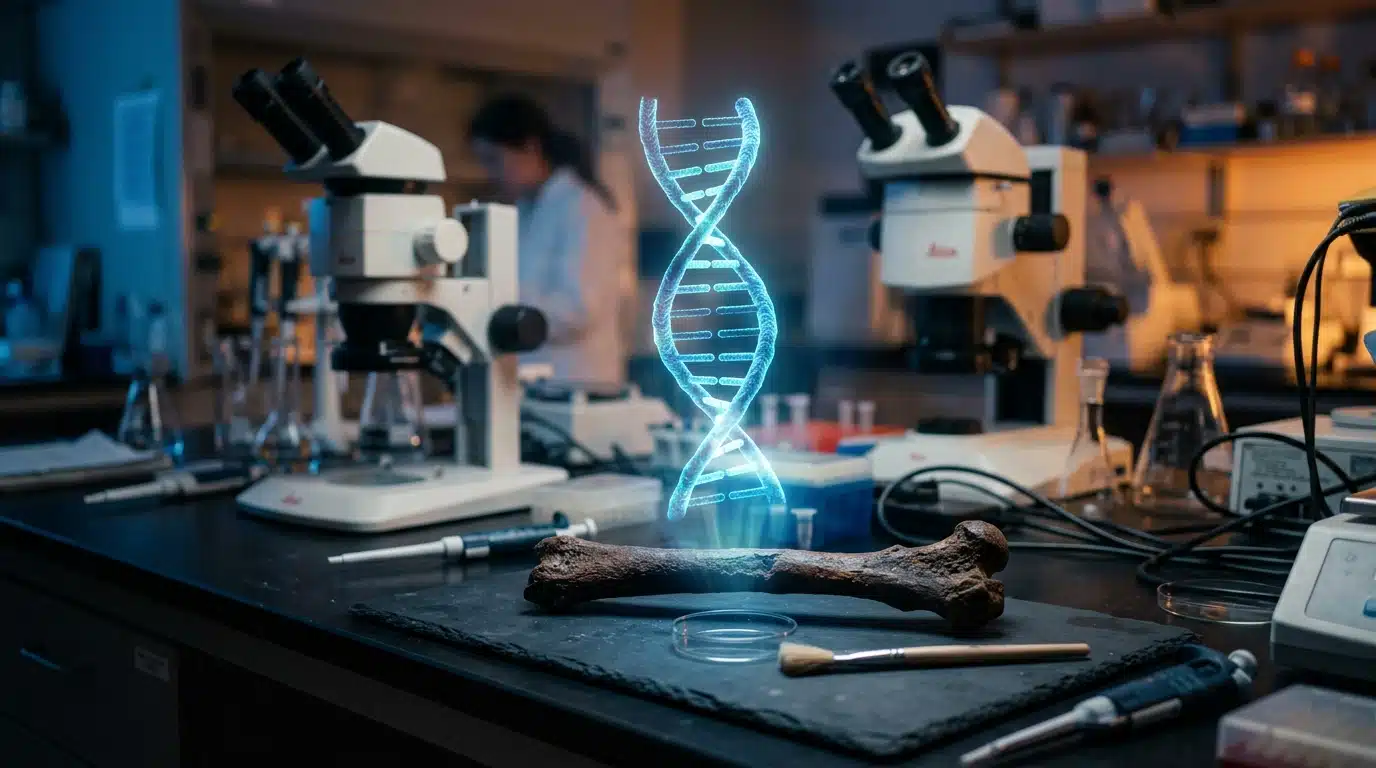 Hologramme ADN au-dessus d'un fragment d'os fossilisé en laboratoire