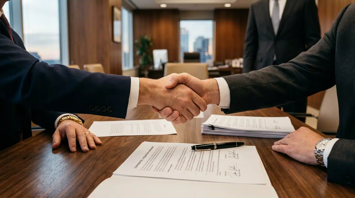 Poignée de main sur des documents de vente d'entreprise sur bureau