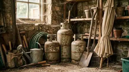 Bouteilles de gaz poussiéreuses rangées dans un garage