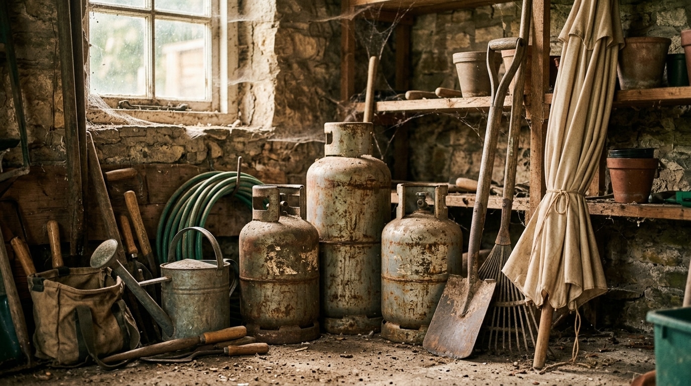 Bouteilles de gaz poussiéreuses rangées dans un garage