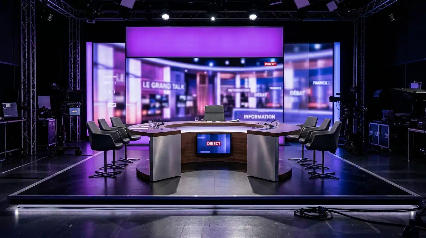 Plateau de télévision vide avec éclairage violet, ambiance formelle et distante