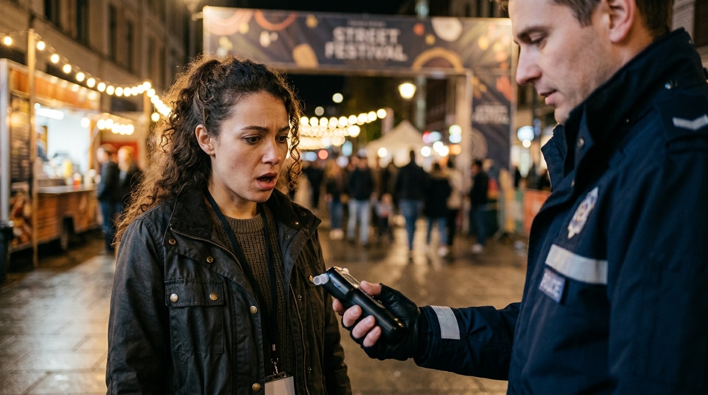 Homme contrôlé par un policier près d'un festival la nuit