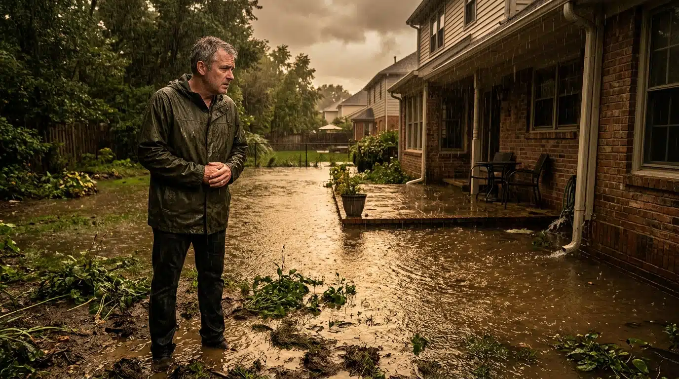 Propriétaire inquiet face à son jardin inondé par la pluie