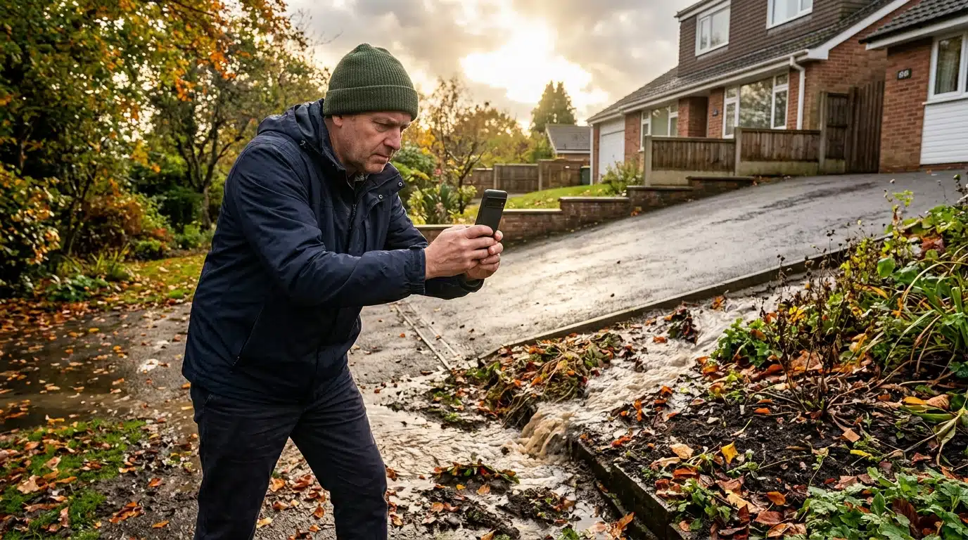Homme photographiant l'écoulement d'eau depuis le terrain voisin