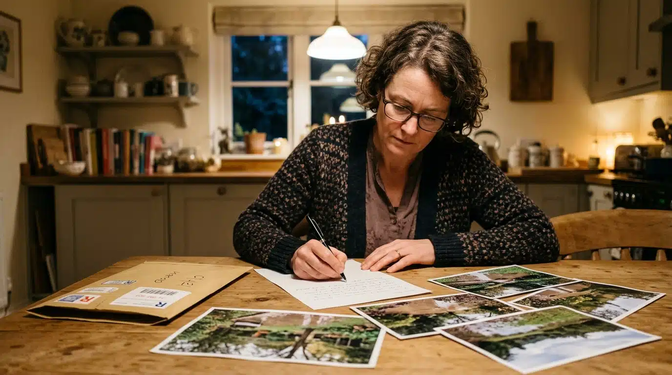 Femme rédigeant un courrier recommandé avec photos à l'appui