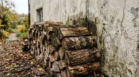 Bûches empilées contre un mur humide de façade