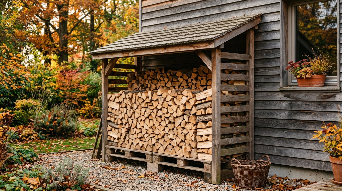Bois de chauffage stocké sur palettes sous abri ventilé