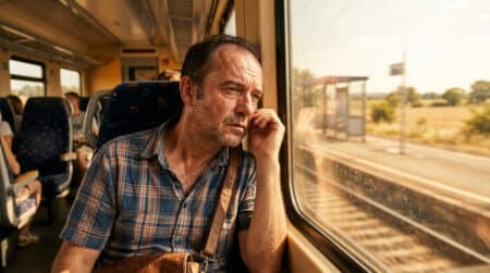 Voyageur en sueur derrière une vitre de train scellée