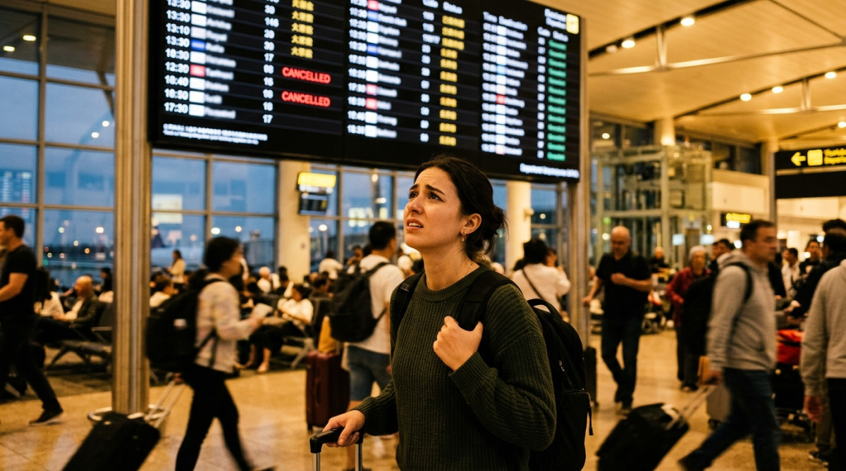 Voyageuse inquiète devant un panneau de vol annulé à l'aéroport