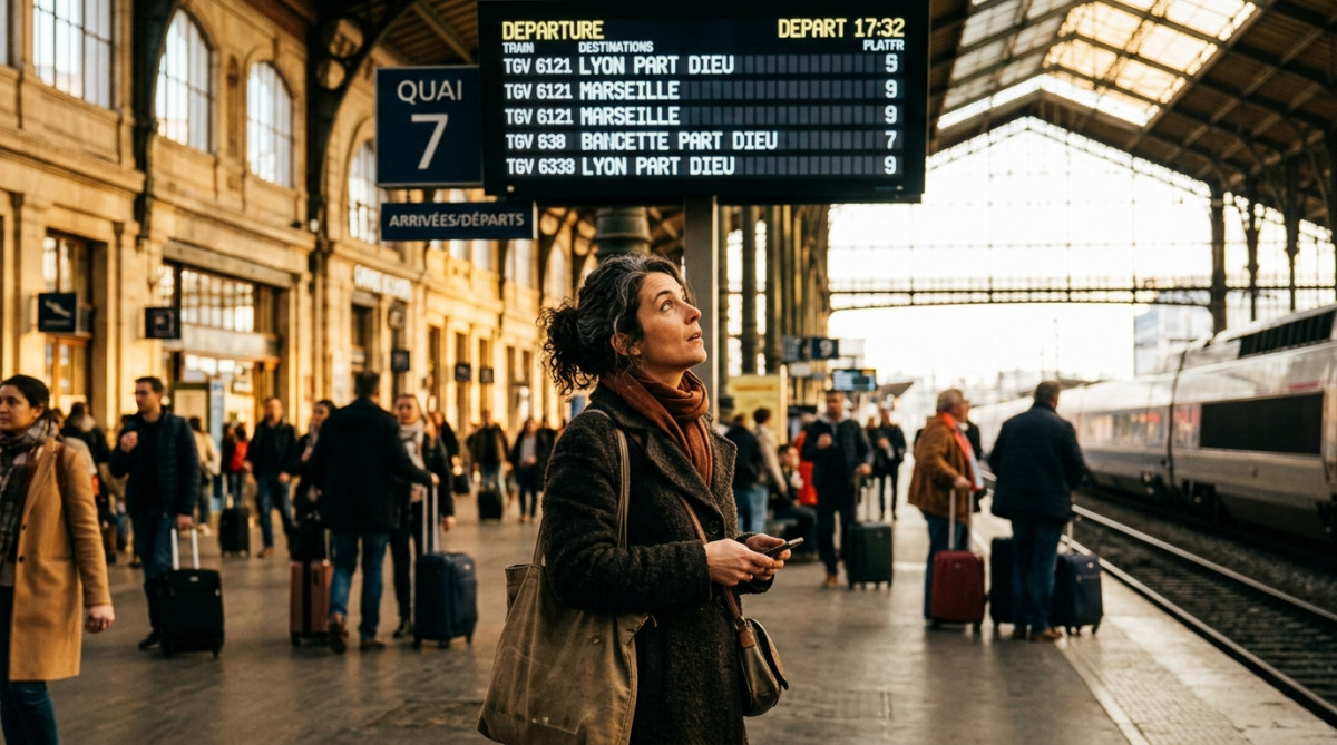 Voyageuse regardant un panneau d'affichage de numéros de train en gare