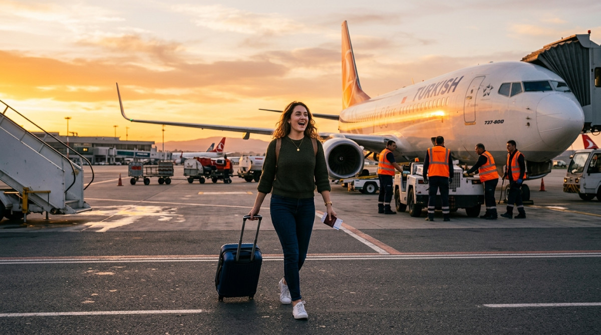 Voyageuse souriante marchant vers un avion au coucher du soleil