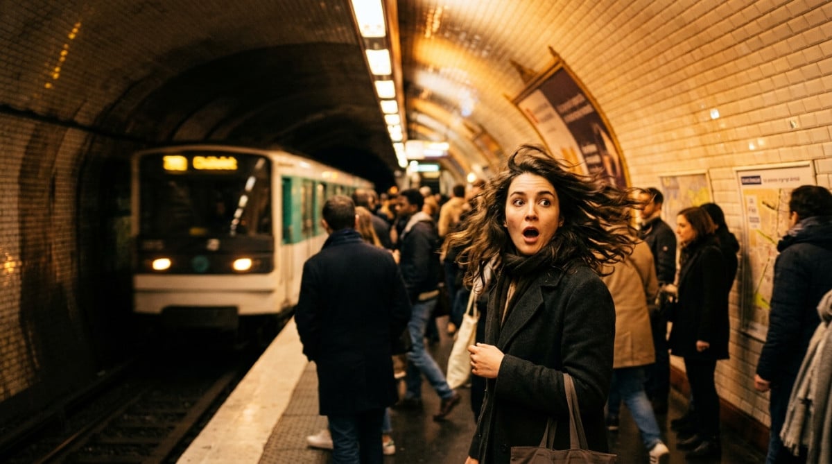 Voyageuse surprise par le vent chaud du métro parisien