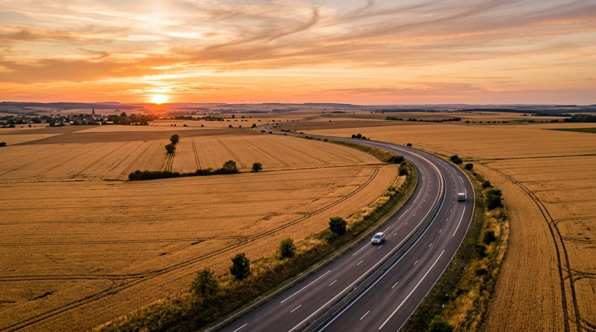 Vue aérienne d'une autoroute avec courbe dans une plaine dorée