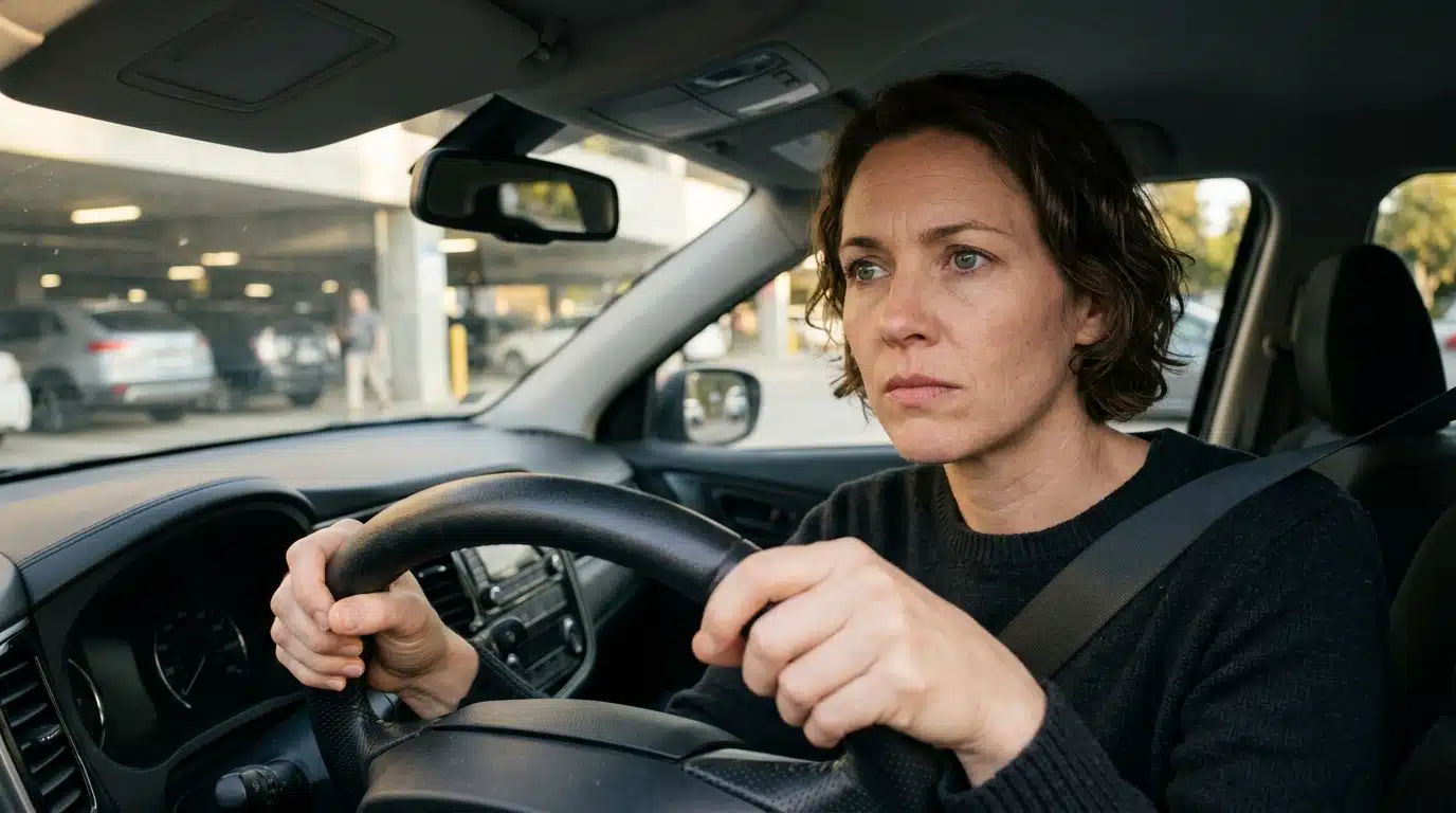 Conducteur inquiet les mains sur le volant