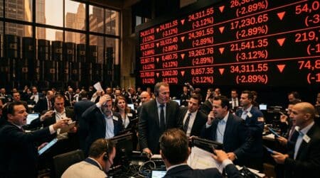 Écran boursier rouge avec indices financiers en baisse
