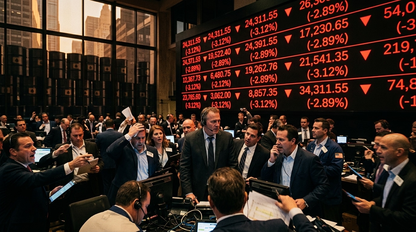 Écran boursier rouge avec indices financiers en baisse