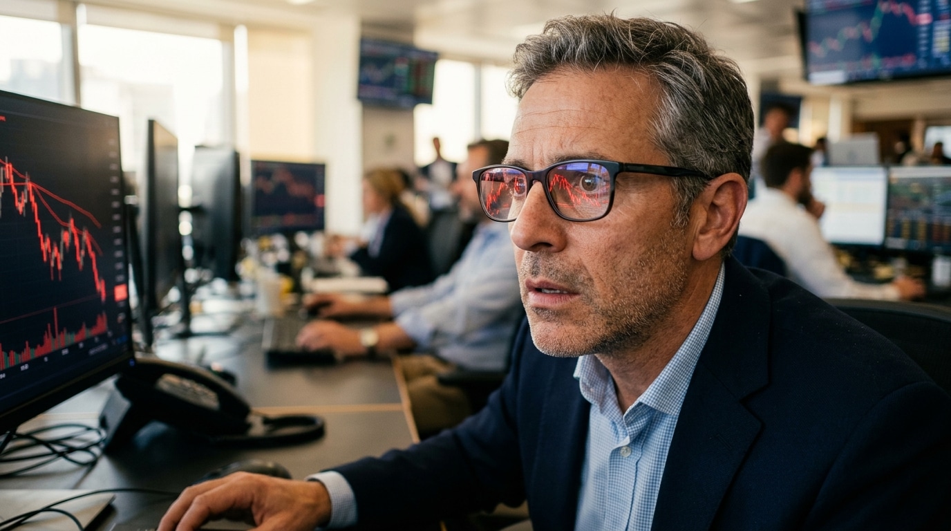 Visage inquiet d'un trader face à un graphique en chute