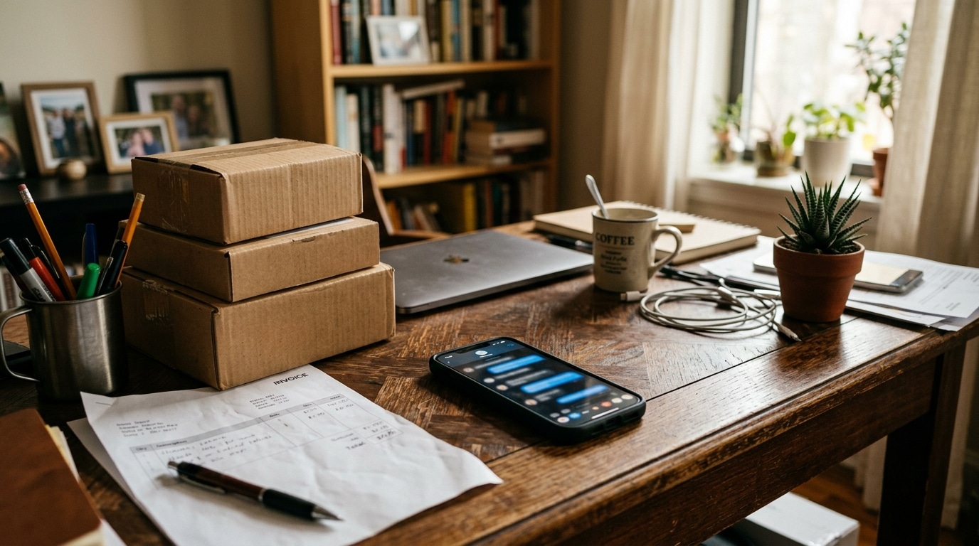 Bureau avec smartphone, factures et colis empilés