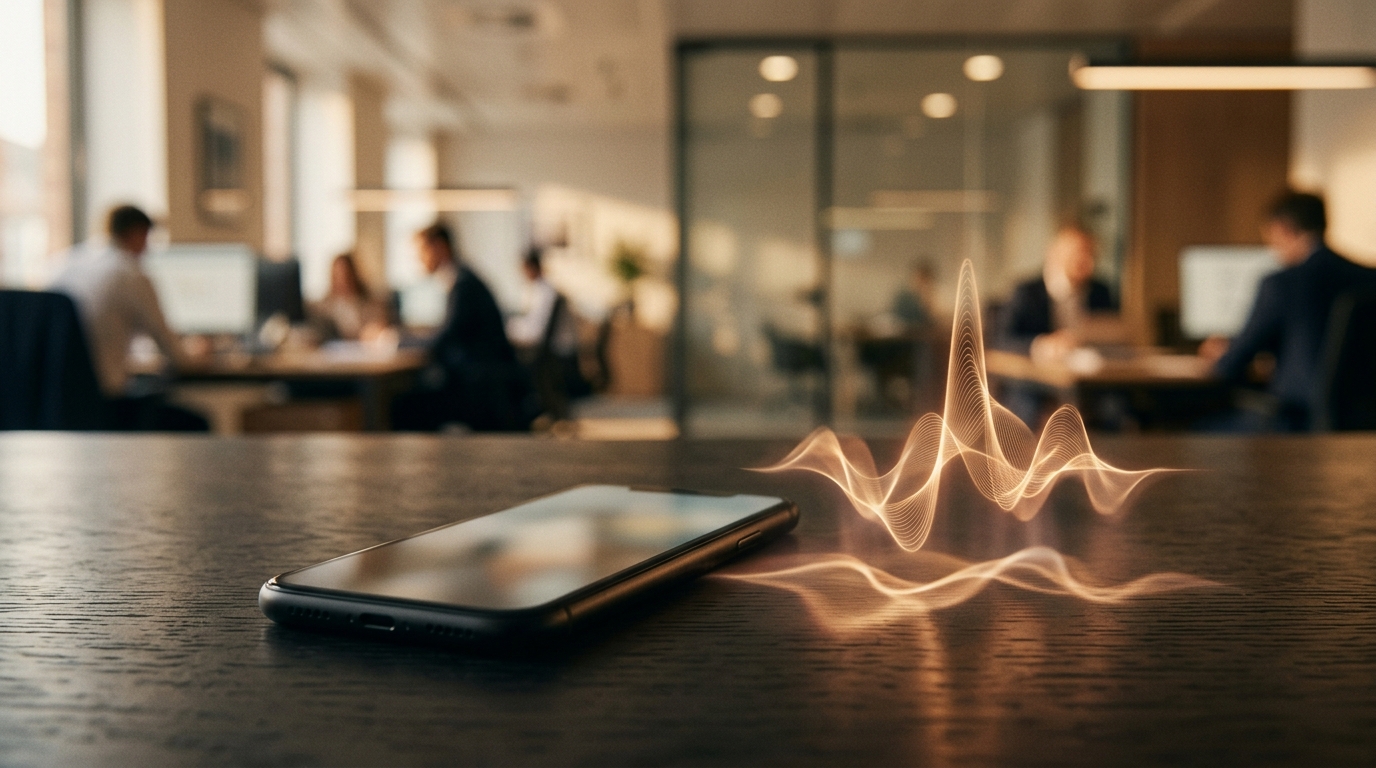 Smartphone posé sur un bureau avec ondes sonores lumineuses