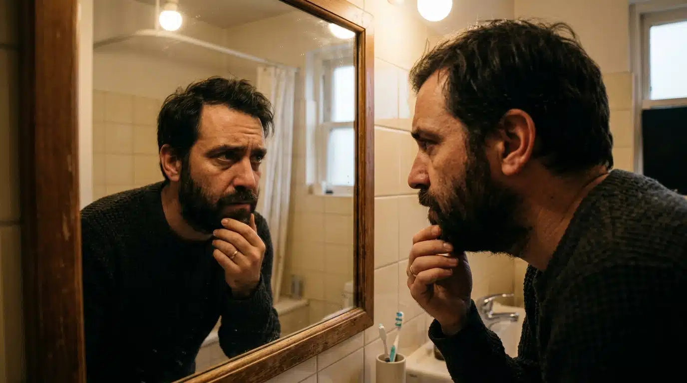 Personne inquiète observant son reflet dans un miroir